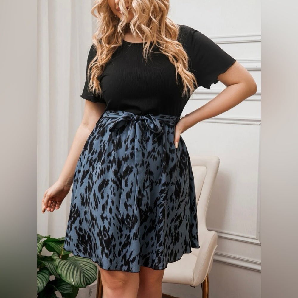 Short sleeve belted, midi dress.